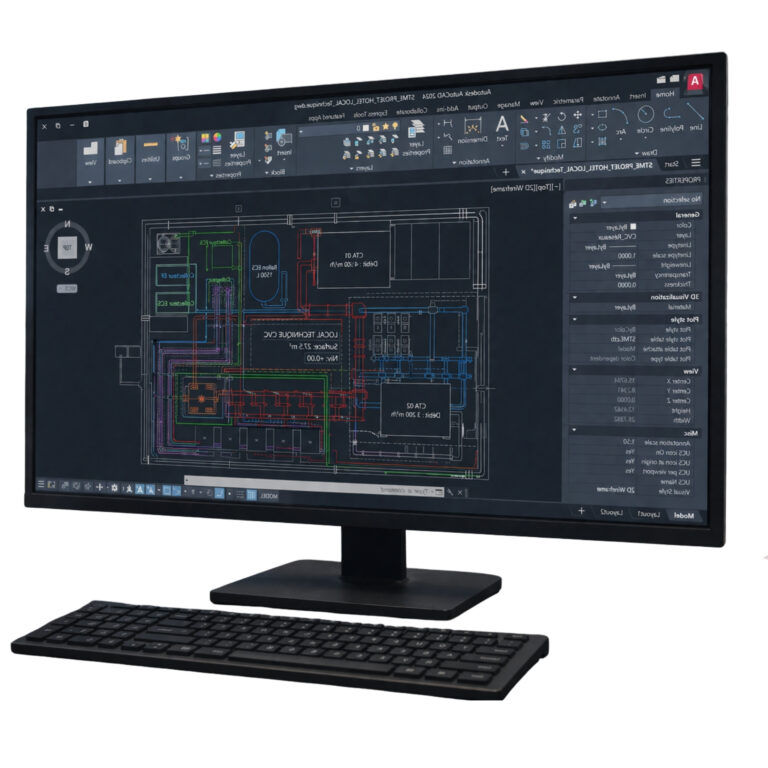 image generee par IA dun ordinateur pc professionnel avec le logiciel AutoCAD